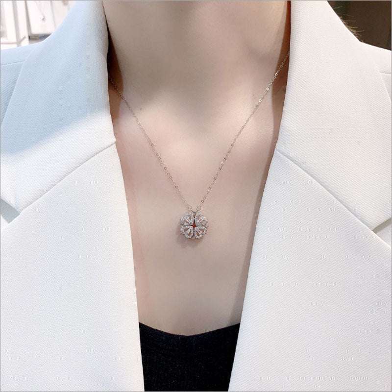 Explosive Detachable Cubic Zircon Heart Shape Four-leaf Clover Necklace Pendant For Women | Orazek UK Ltd