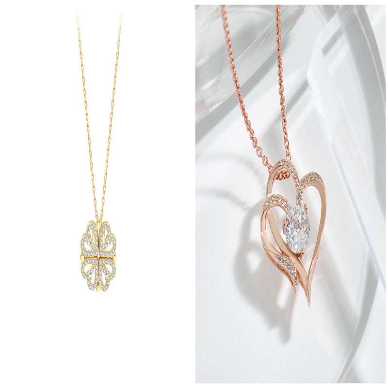 Explosive Detachable Cubic Zircon Heart Shape Four-leaf Clover Necklace Pendant For Women | Orazek UK Ltd