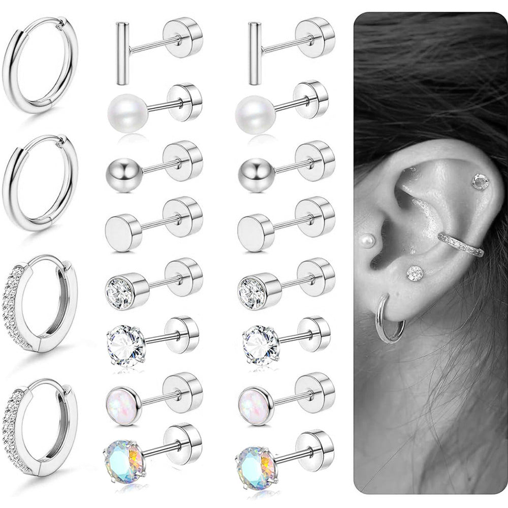 Stainless Steel Round Zircon Earring Set