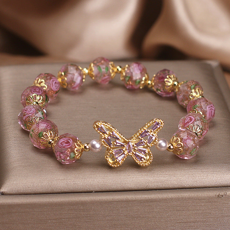 Cherry Blossom Glaze Hollow Zircon Butterfly Bracelet