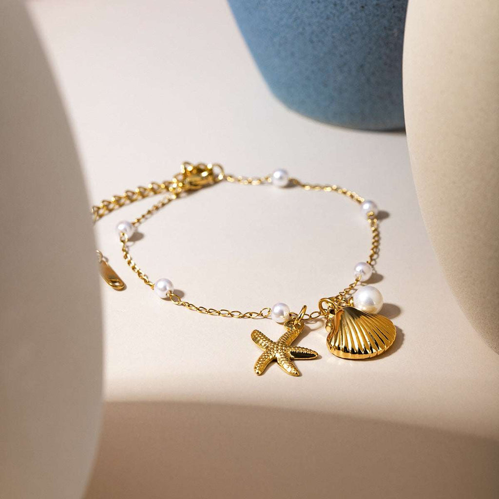 Fashion Jewelry 18K Gold Stainless Steel Pearl Chain Summer Holiday Shell Starfish Pendant Bracelet | Orazek UK Ltd