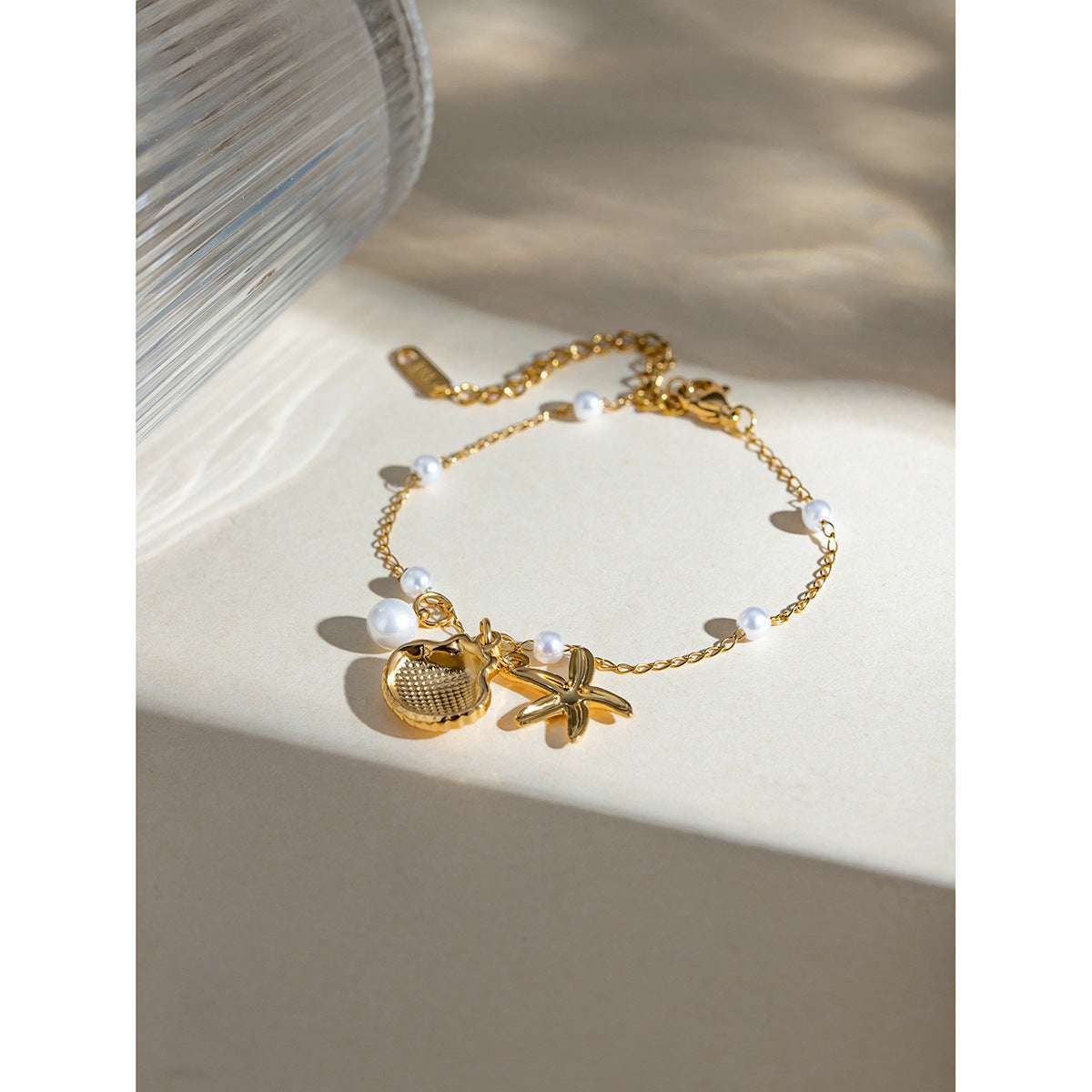 Fashion Jewelry 18K Gold Stainless Steel Pearl Chain Summer Holiday Shell Starfish Pendant Bracelet | Orazek UK Ltd