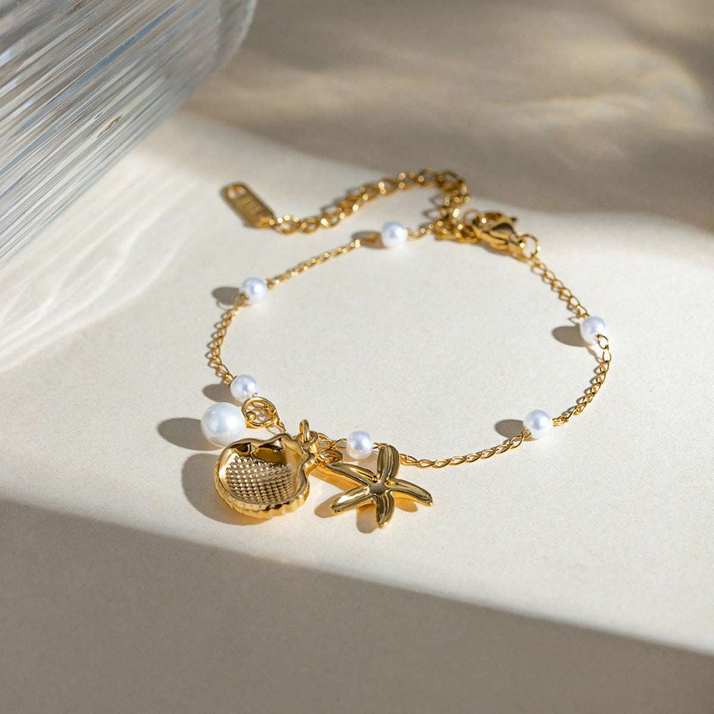 Fashion Jewelry 18K Gold Stainless Steel Pearl Chain Summer Holiday Shell Starfish Pendant Bracelet | Orazek UK Ltd