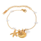 Fashion Jewelry 18K Gold Stainless Steel Pearl Chain Summer Holiday Shell Starfish Pendant Bracelet | Orazek UK Ltd