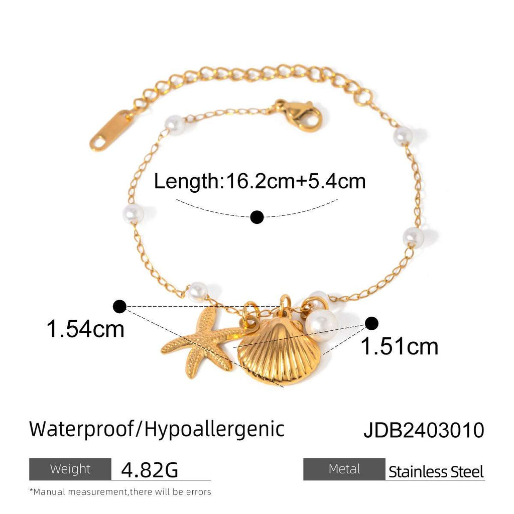 Fashion Jewelry 18K Gold Stainless Steel Pearl Chain Summer Holiday Shell Starfish Pendant Bracelet | Orazek UK Ltd