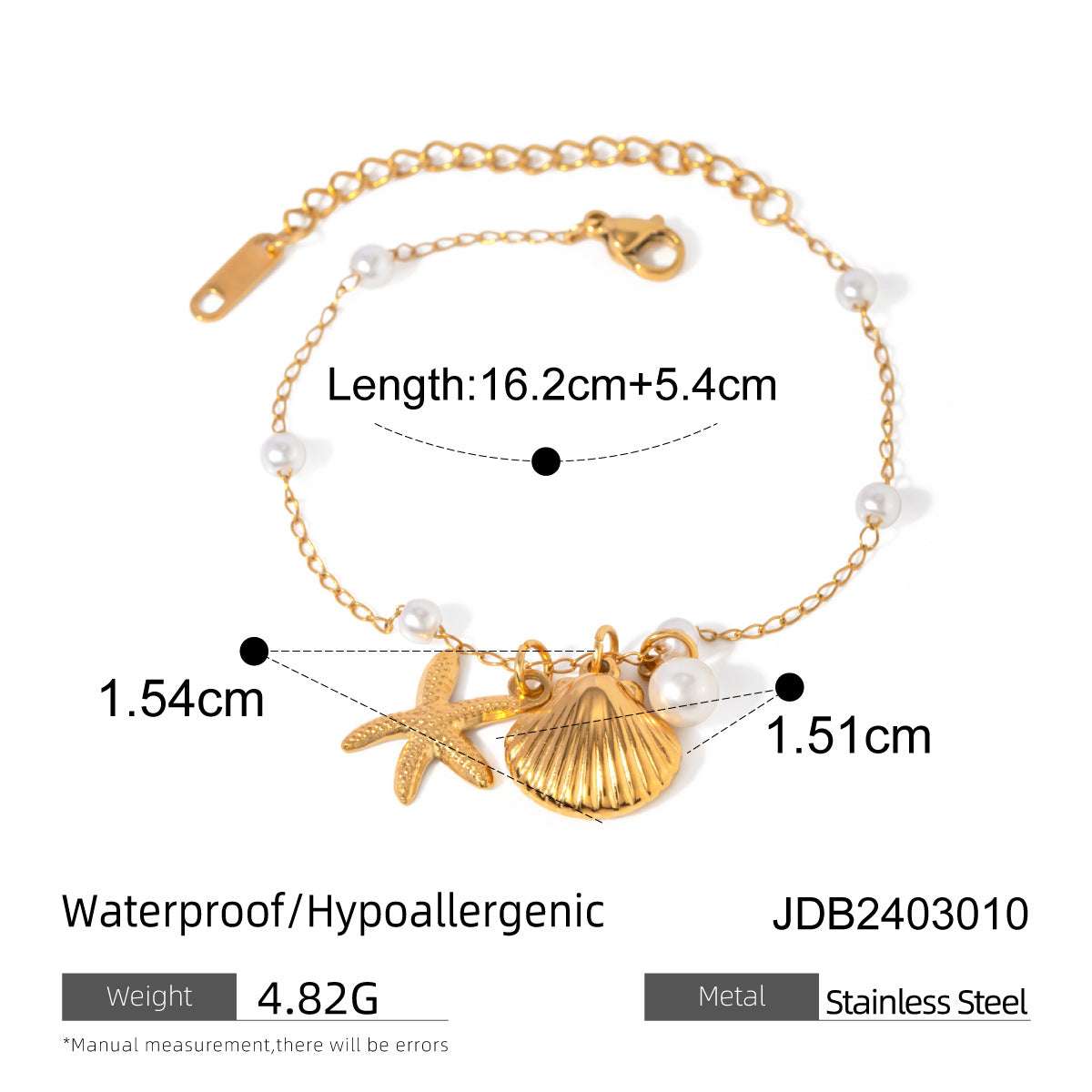 Fashion Jewelry 18K Gold Stainless Steel Pearl Chain Summer Holiday Shell Starfish Pendant Bracelet | Orazek UK Ltd