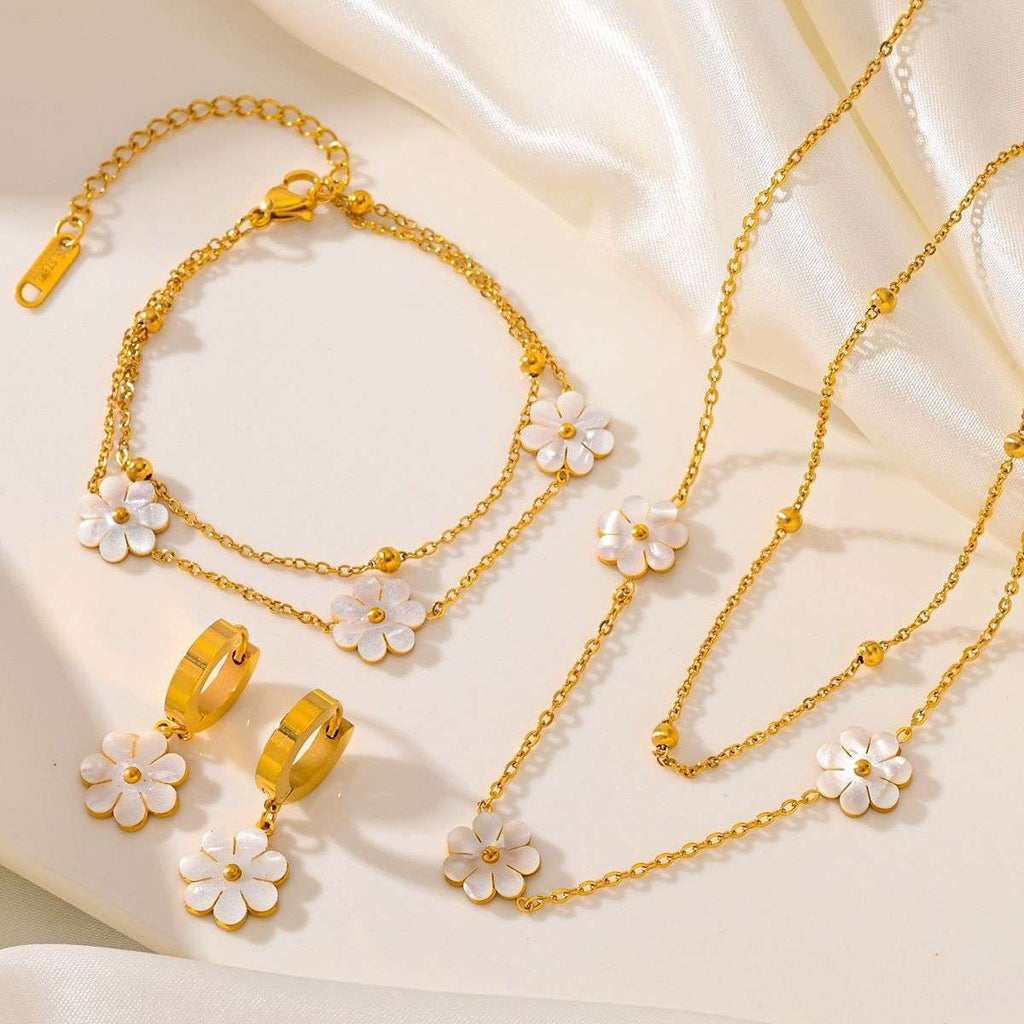 Fashion Jewelry Stainless Steel Flower DaisyFlower Necklace Double Layering Necklace Earrings Jeweley Set | Orazek UK Ltd