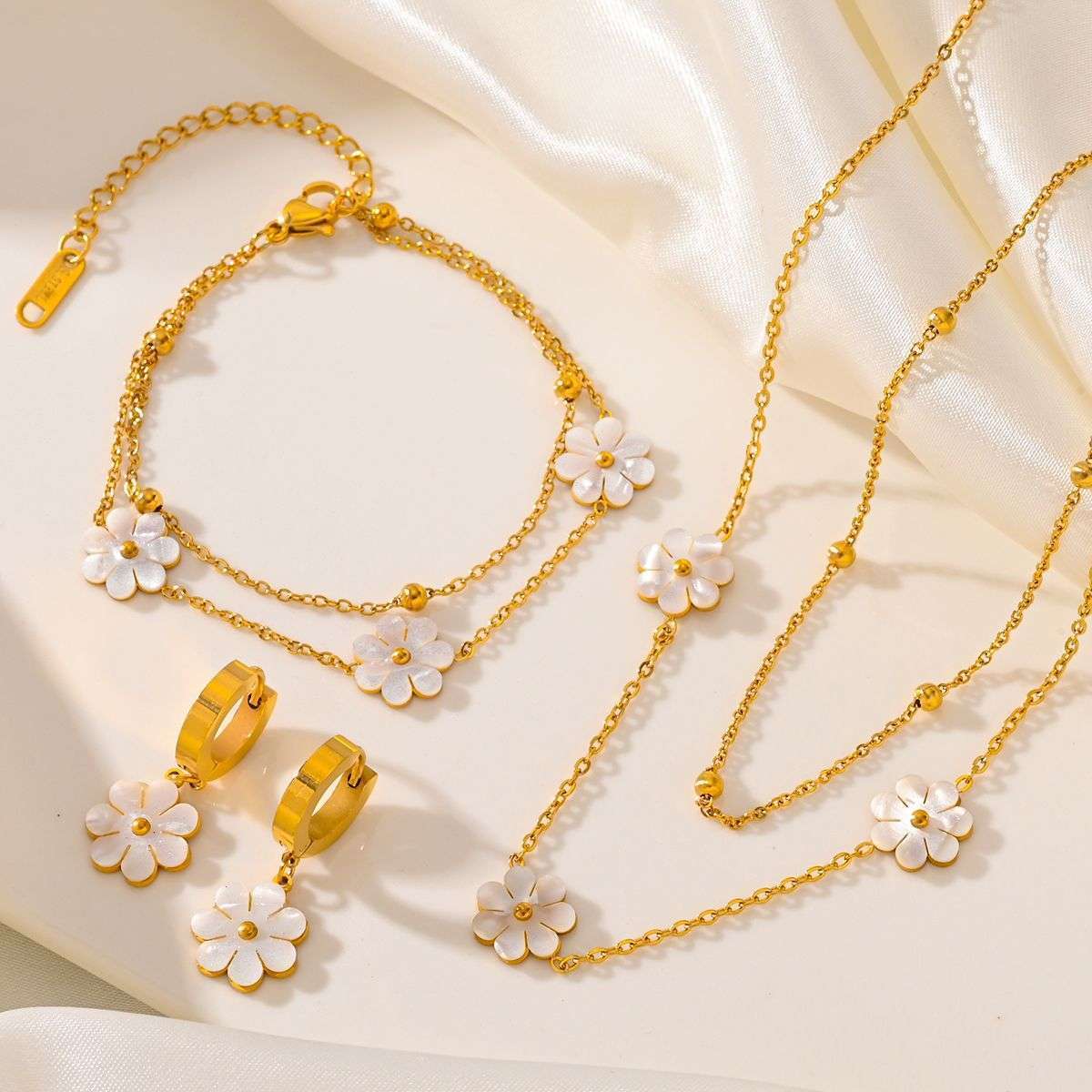 Fashion Jewelry Stainless Steel Flower DaisyFlower Necklace Double Layering Necklace Earrings Jeweley Set | Orazek UK Ltd