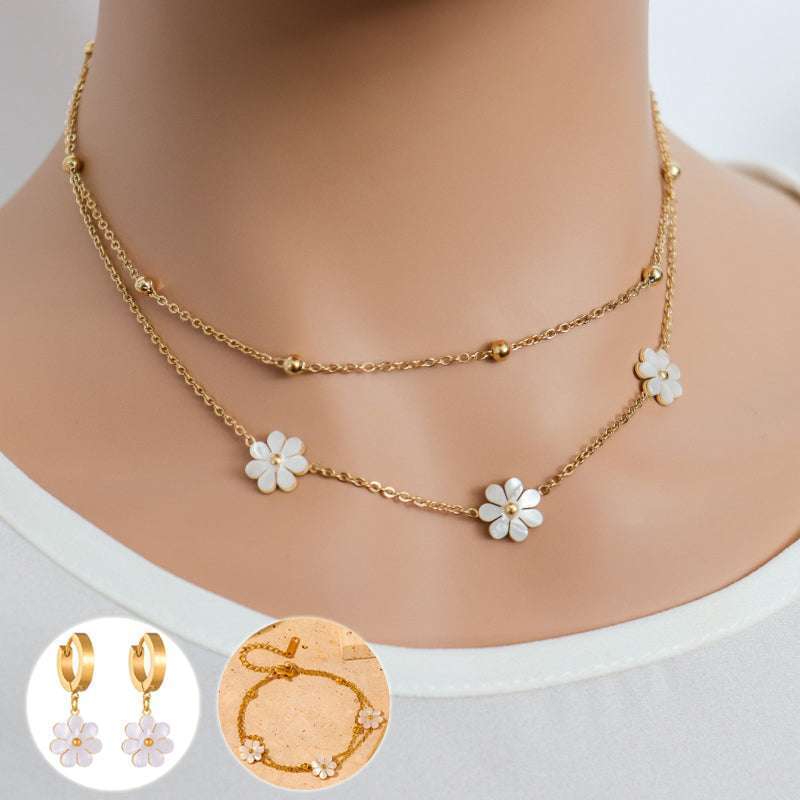 Fashion Jewelry Stainless Steel Flower DaisyFlower Necklace Double Layering Necklace Earrings Jeweley Set Orazek UK Ltd