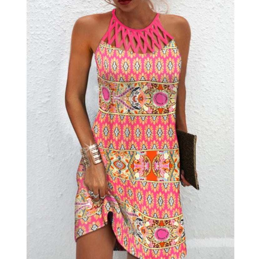 Fashion Print Dress Casual Halterneck Dresses For Women Summer Clothes | Orazek UK Ltd