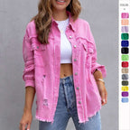 Fashion Ripped Shirt Jacket Female Autumn And Spring Casual Tops Womens Clothing | Orazek UK Ltd