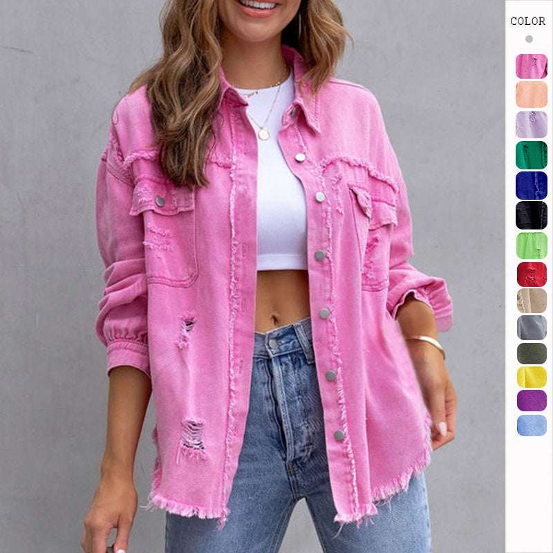 Fashion Ripped Shirt Jacket Female Autumn And Spring Casual Tops Womens Clothing | Orazek UK Ltd