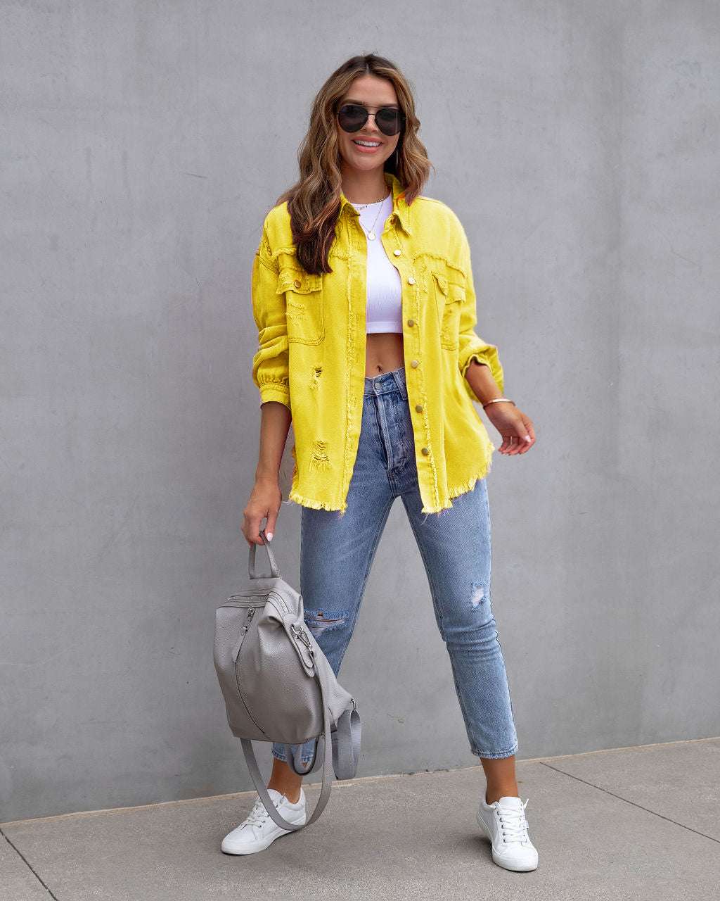 Fashion Ripped Shirt Jacket Female Autumn And Spring Casual Tops Womens Clothing | Orazek UK Ltd