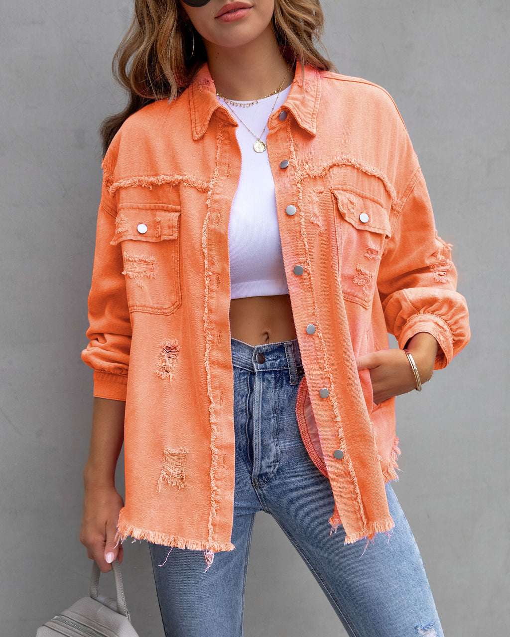 Fashion Ripped Shirt Jacket Female Autumn And Spring Casual Tops Womens Clothing Orazek UK Ltd