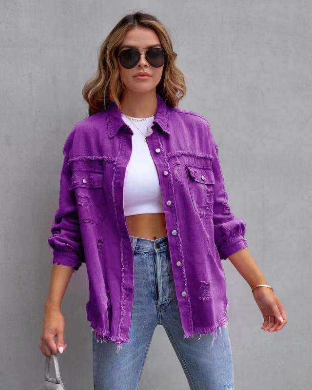 Fashion Ripped Shirt Jacket Female Autumn And Spring Casual Tops Womens Clothing Orazek UK Ltd