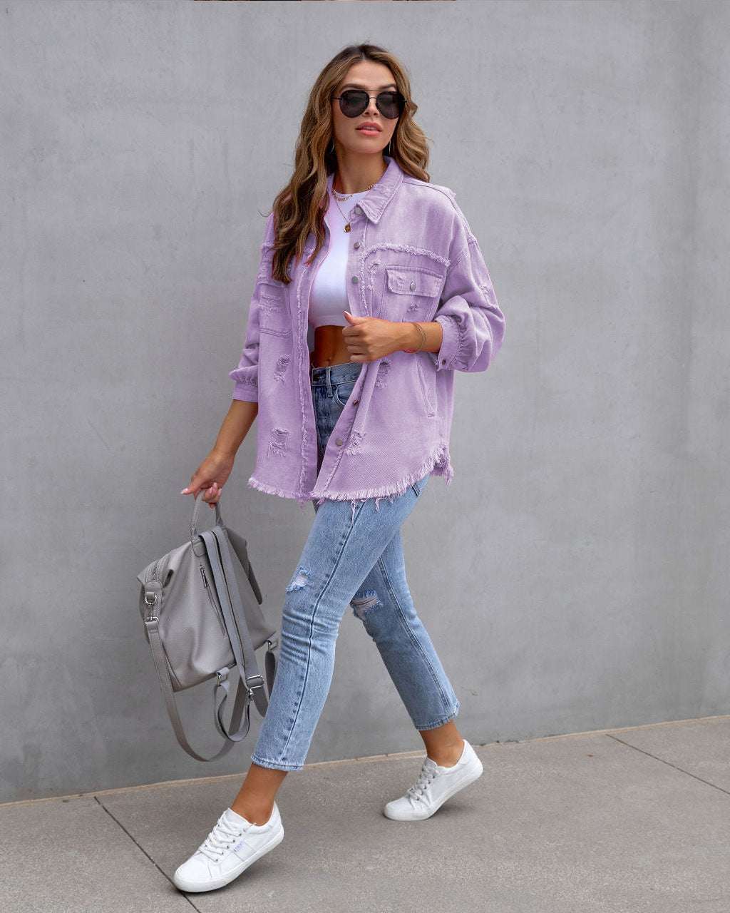 Fashion Ripped Shirt Jacket Female Autumn And Spring Casual Tops Womens Clothing Orazek UK Ltd