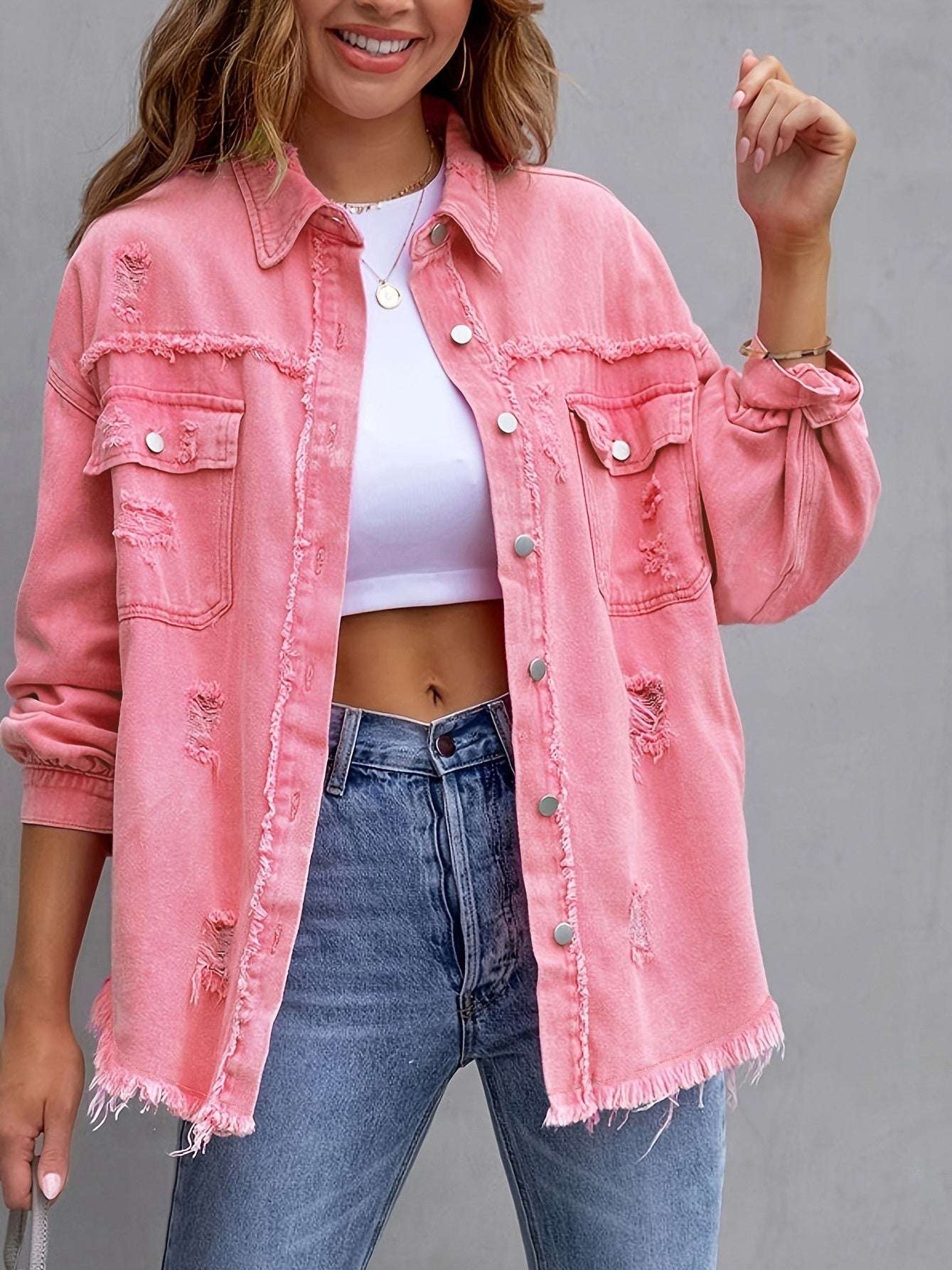 Fashion Ripped Shirt Jacket Female Autumn And Spring Casual Tops Womens Clothing Orazek UK Ltd