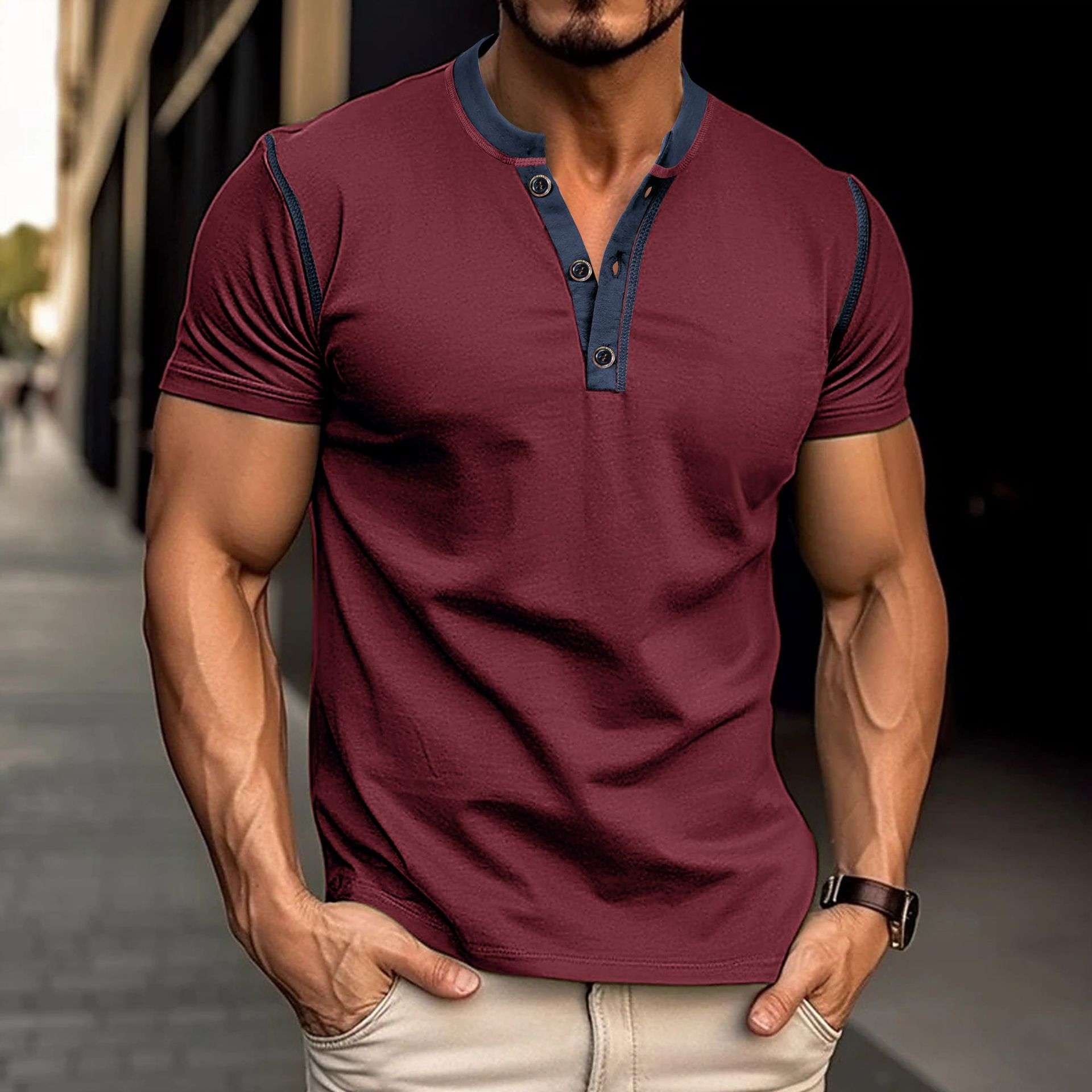 Fashion Short-sleeved Polo Shirt Summer Button V-neck T-shirt Tops Mens Clothing Orazek UK Ltd