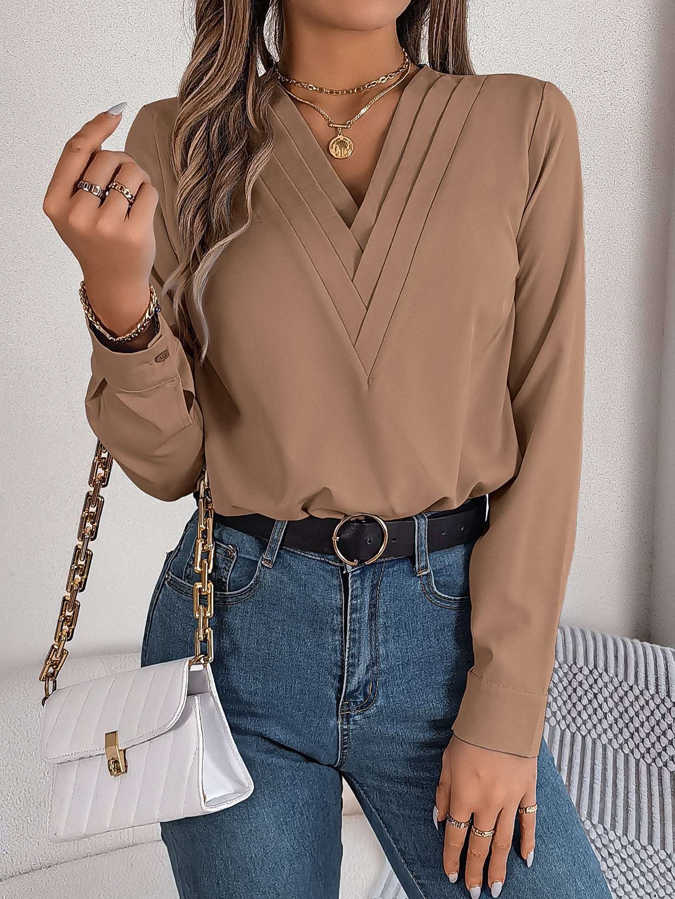 Fashion V-Neck Long Sleeve Shirt Elegant Commuter Solid Blouse Office Women's Clothing | Orazek UK Ltd