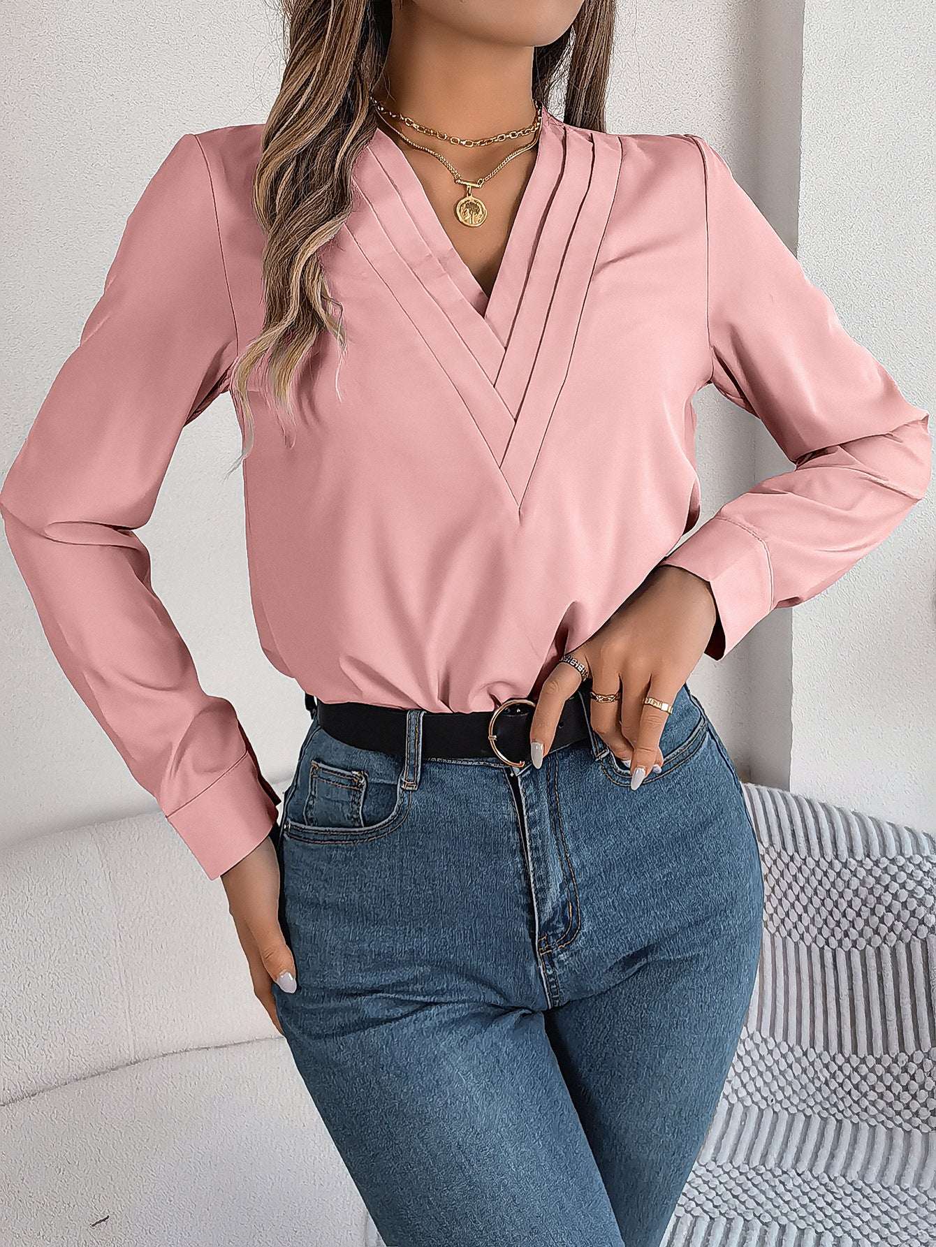 Fashion V-Neck Long Sleeve Shirt Elegant Commuter Solid Blouse Office Women's Clothing | Orazek UK Ltd