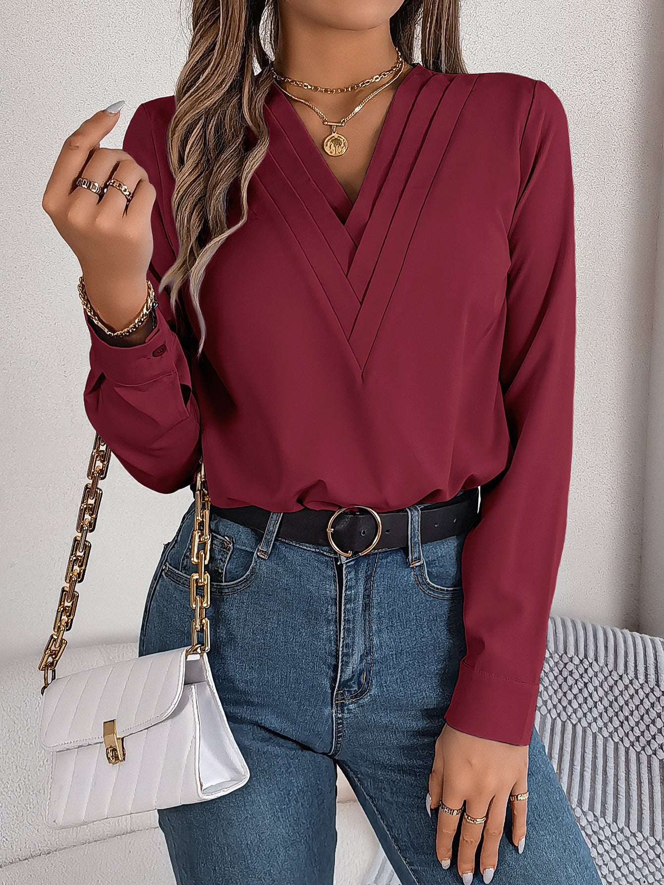 Fashion V-Neck Long Sleeve Shirt Elegant Commuter Solid Blouse Office Women's Clothing | Orazek UK Ltd