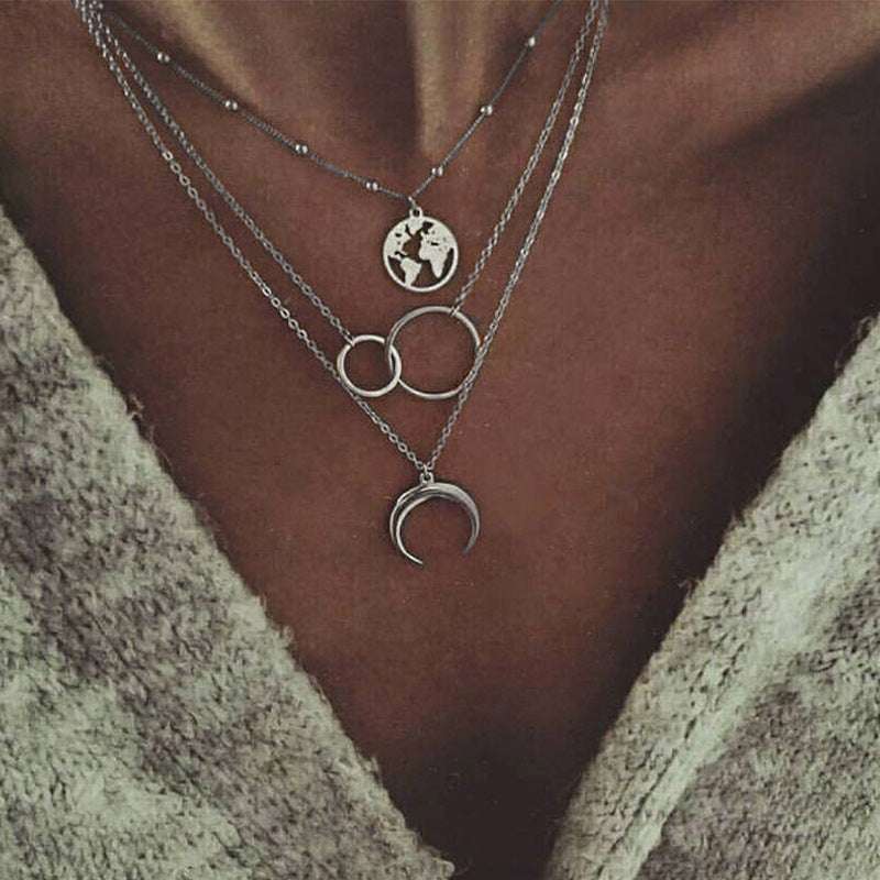 Fashionable Multilayer Gold Plated Boho Moon Map Necklace for Woman | Orazek UK Ltd