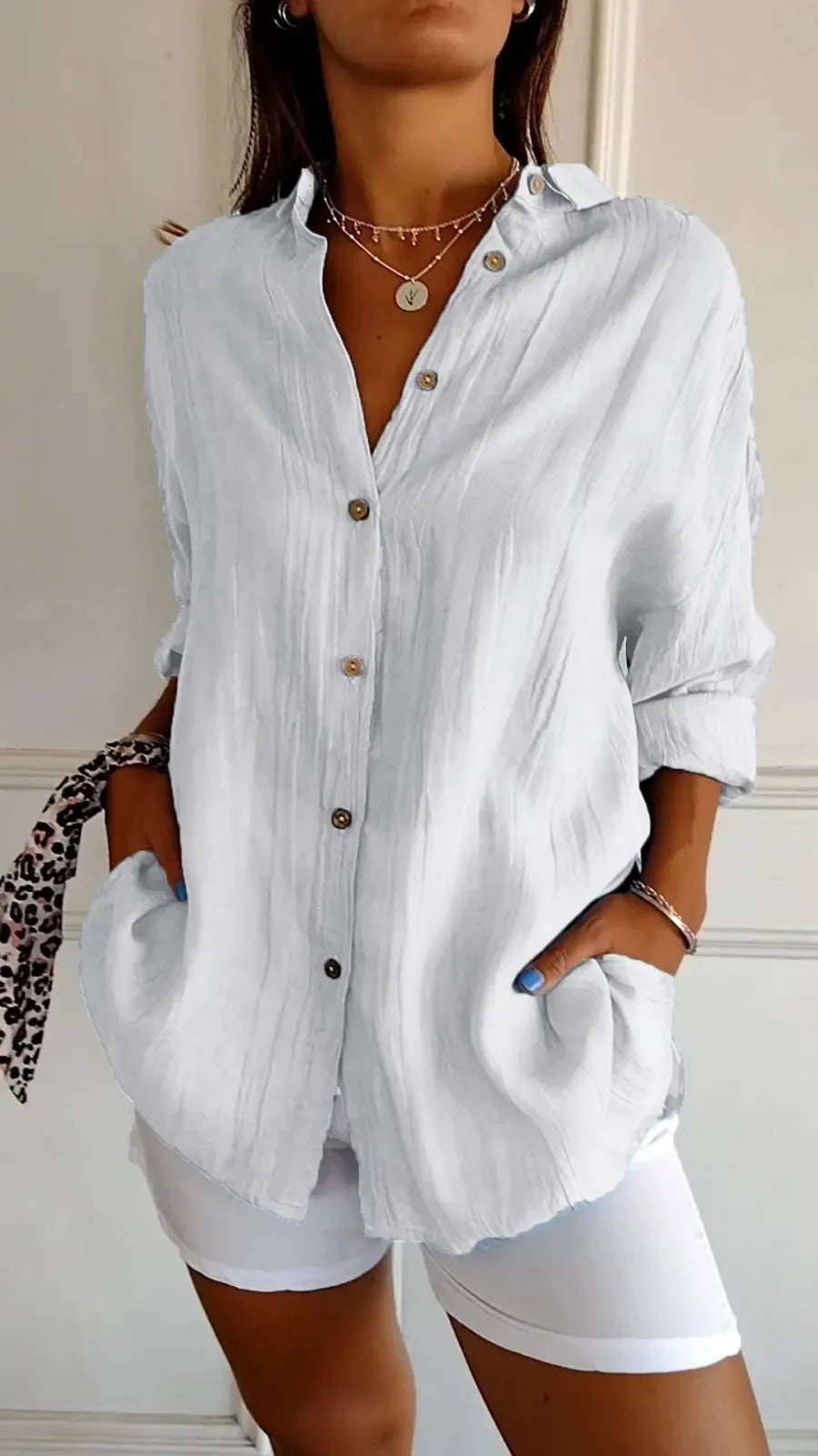 Women's Single-breasted Pleated Blouse Lapel Long Sleeve Shirt