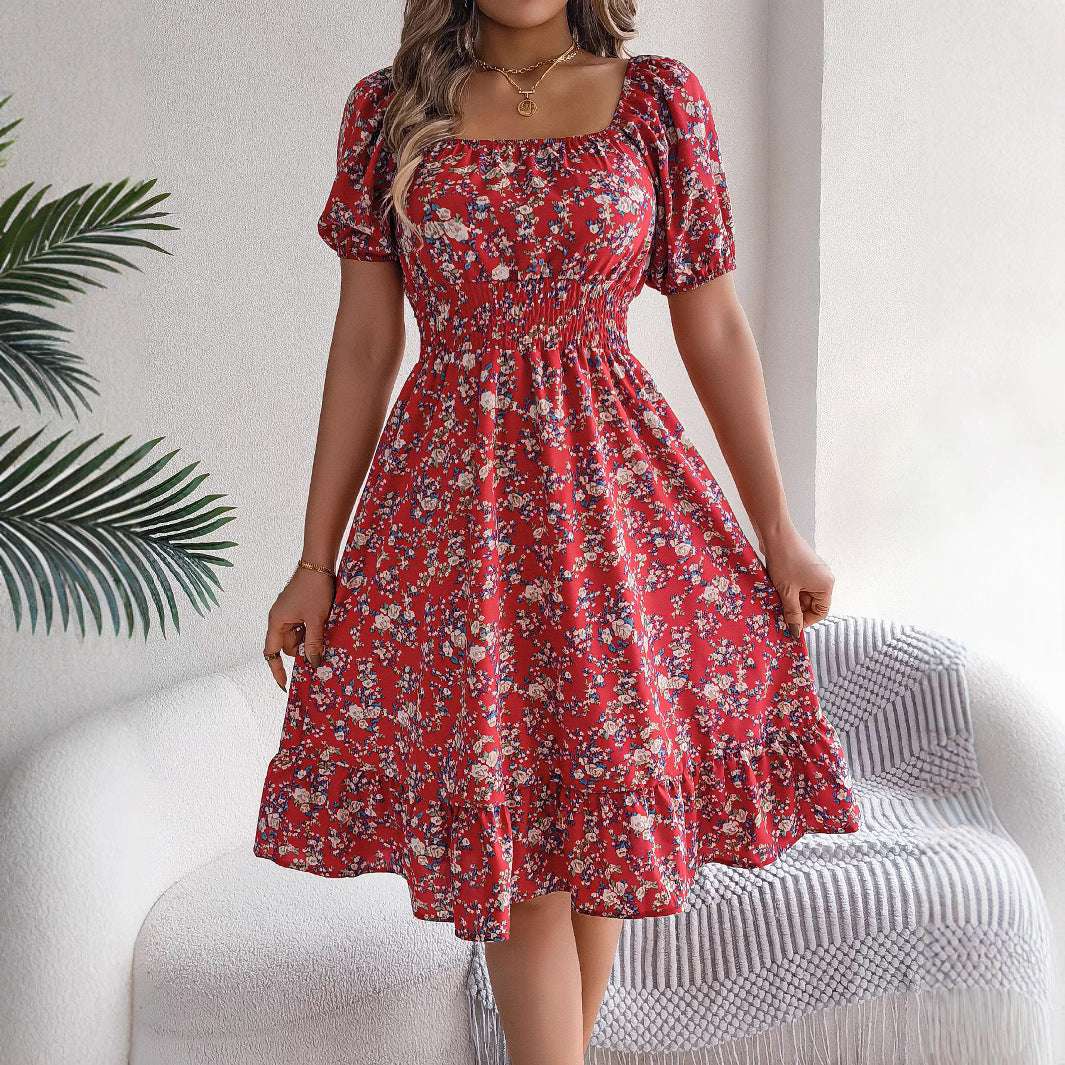 Floral Print Square Collar Dress Summer Fashion Ruffles Dresses Women's Clothing | Orazek UK Ltd