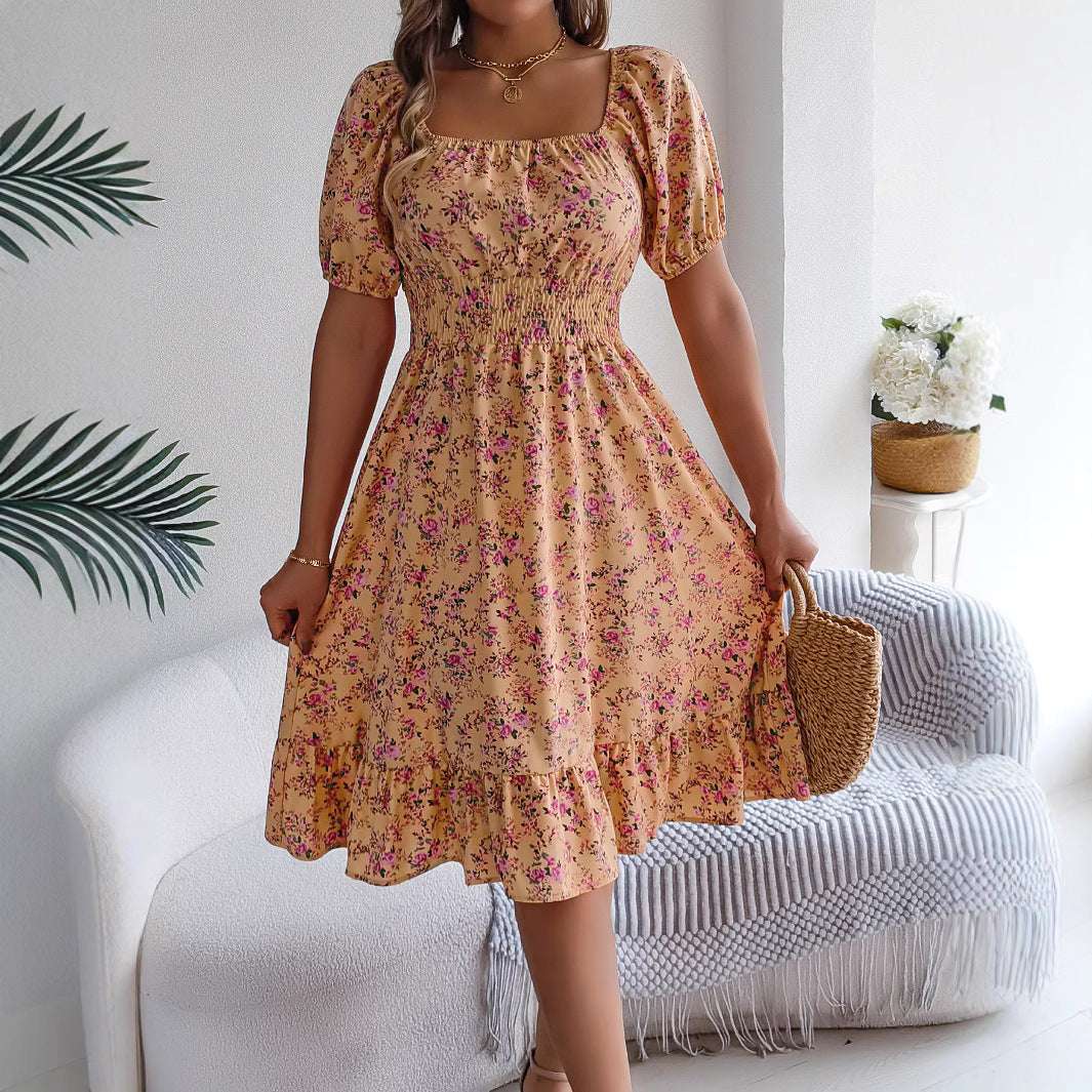 Floral Print Square Collar Dress Summer Fashion Ruffles Dresses Women's Clothing | Orazek UK Ltd