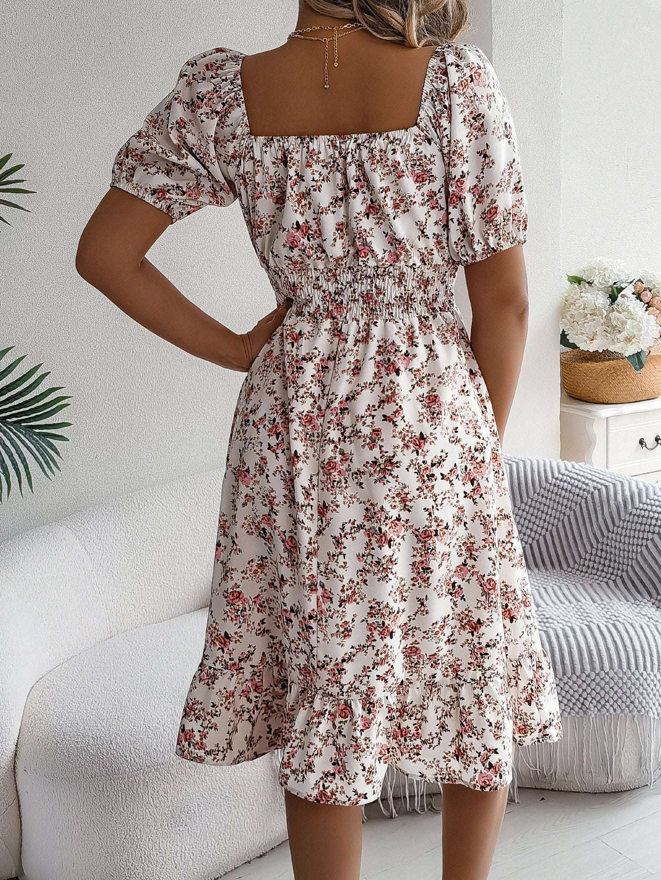 Floral Print Square Collar Dress Summer Fashion Ruffles Dresses Women's Clothing | Orazek UK Ltd