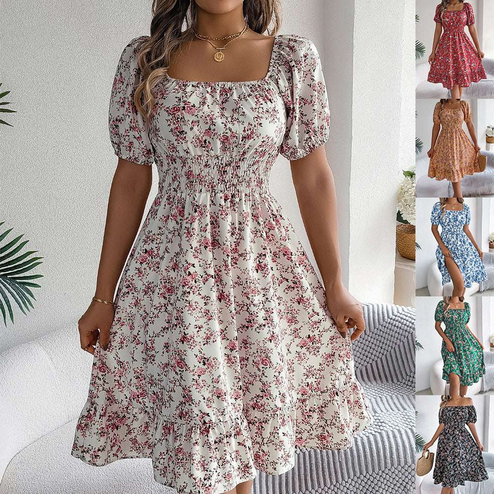 Floral Print Square Collar Dress Summer Fashion Ruffles Dresses Women's Clothing | Orazek UK Ltd