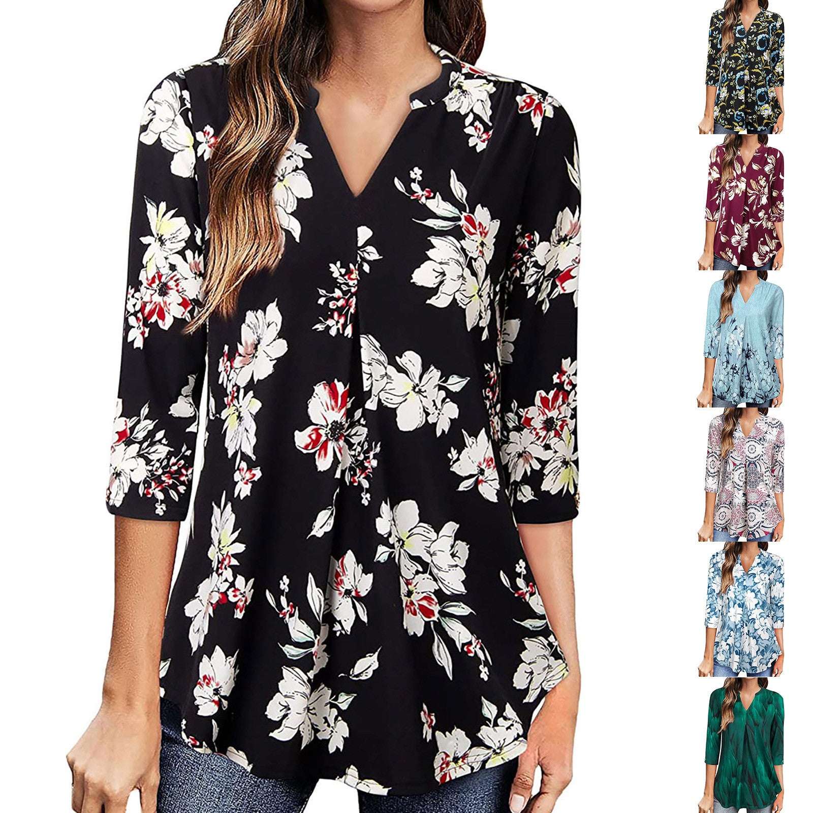 Flowers Print Tops V Neck Long Sleeve Flowers Print Shirt Women Blouse | Orazek UK Ltd