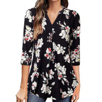 Flowers Print Tops V Neck Long Sleeve Flowers Print Shirt Women Blouse | Orazek UK Ltd