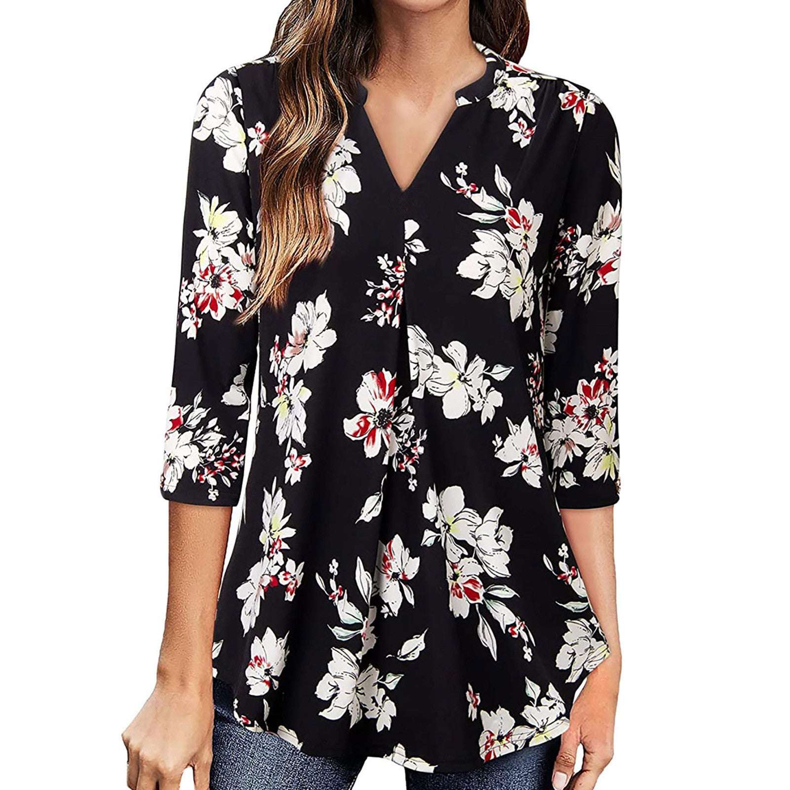 Flowers Print Tops V Neck Long Sleeve Flowers Print Shirt Women Blouse | Orazek UK Ltd