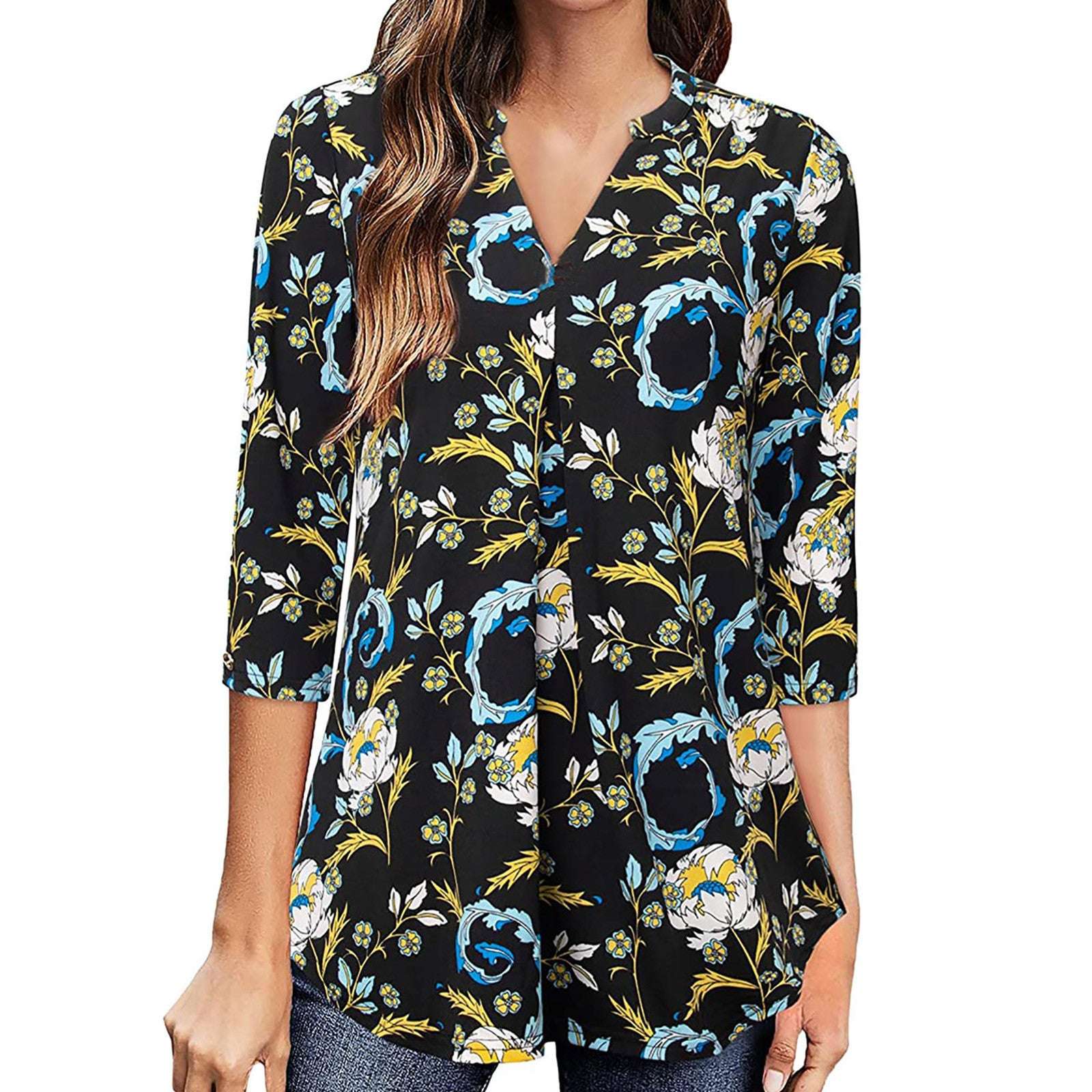 Flowers Print Tops V Neck Long Sleeve Flowers Print Shirt Women Blouse | Orazek UK Ltd