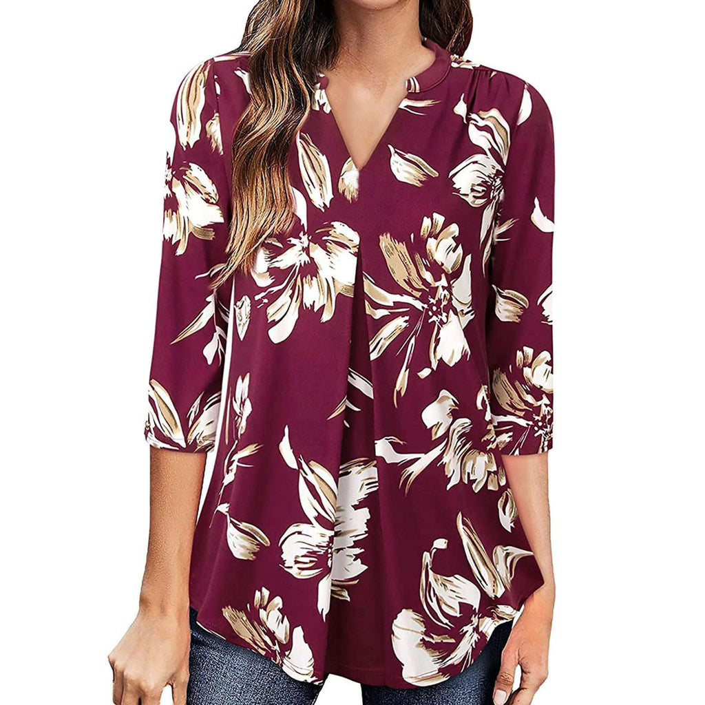Flowers Print Tops V Neck Long Sleeve Flowers Print Shirt Women Blouse | Orazek UK Ltd