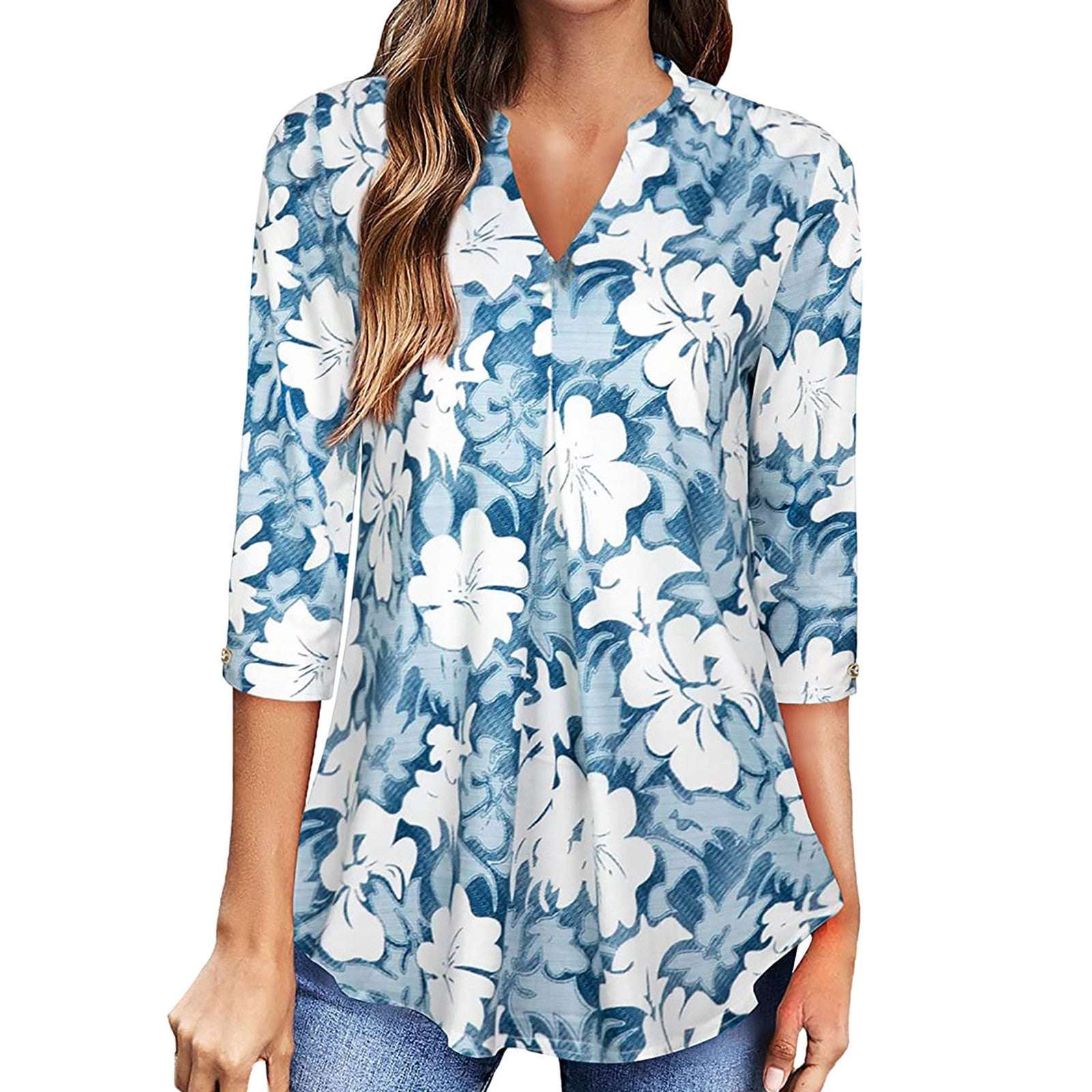 Flowers Print Tops V Neck Long Sleeve Flowers Print Shirt Women Blouse | Orazek UK Ltd