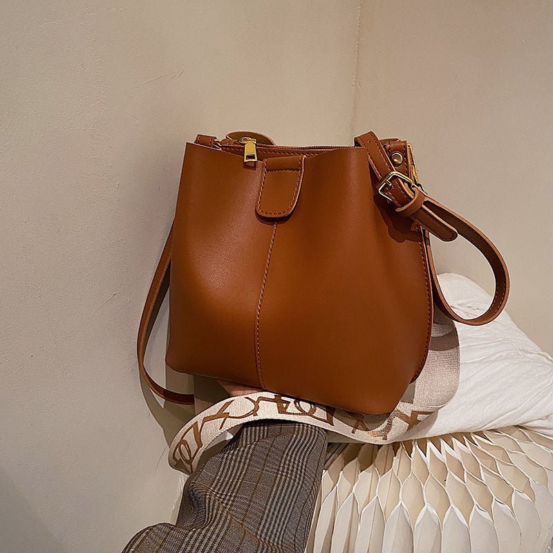 French Minority Design Simple Wide Shoulder Strap Bucket Bags Female | Orazek UK Ltd