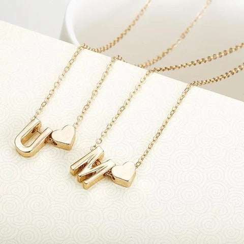 Gold Plated Peach Heart and Initials Letter Alphabate Statement Necklace for Woman | Orazek UK Ltd