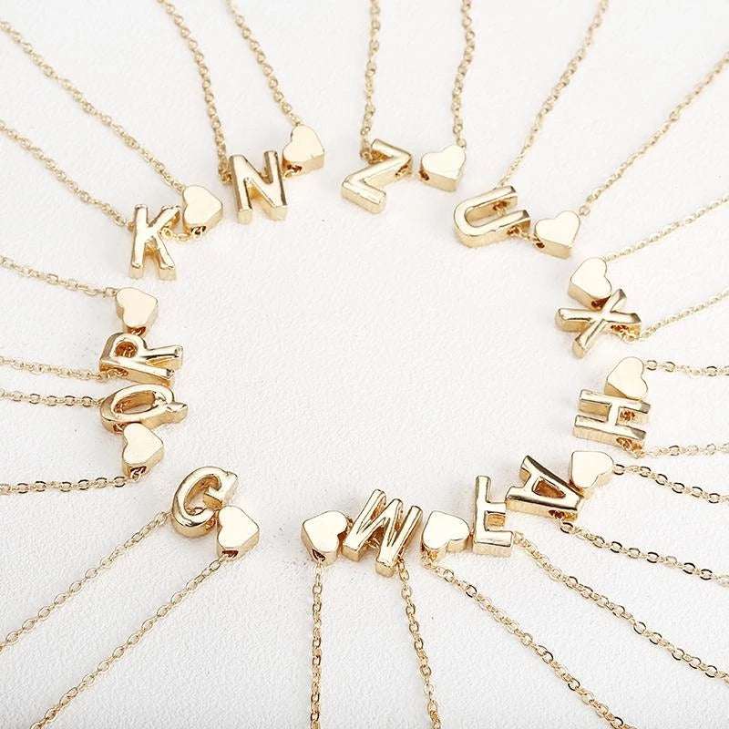 Gold Plated Peach Heart and Initials Letter Alphabate Statement Necklace for Woman | Orazek UK Ltd