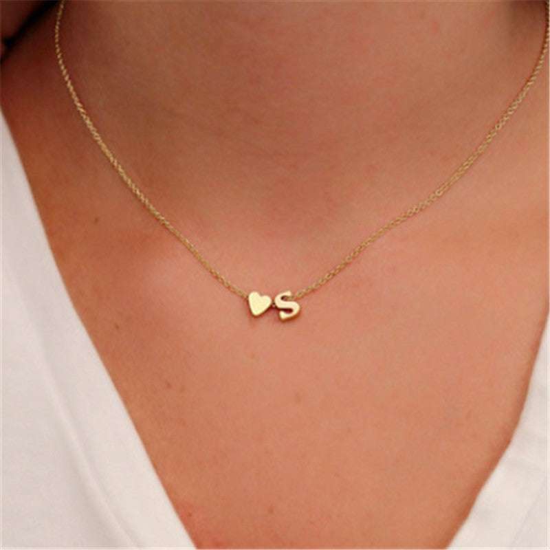 Gold Plated Peach Heart and Initials Letter Alphabate Statement Necklace for Woman | Orazek UK Ltd