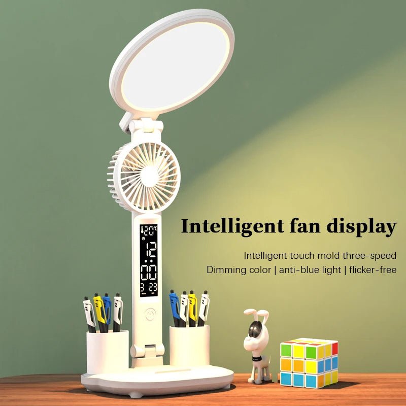 LED Clock Table Lamp USB Chargeable Dimmable Desk Lamp Plug-in LED Fan Light Foldable Eye Protection Reading Night Light | Orazek UK Ltd