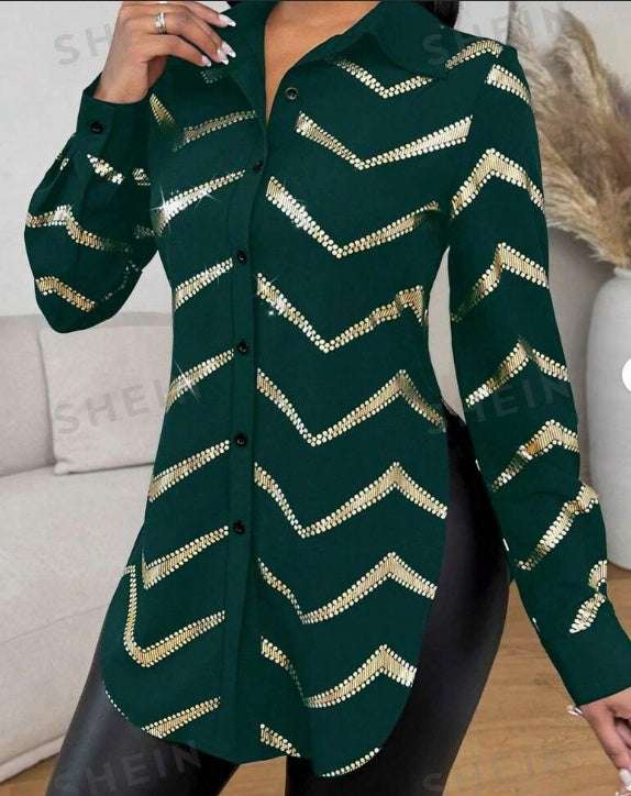 Lyxana Open Placket Foil Print Random Cut Shoulder Long Sleeve Cinched Waist Blouse Women Shirt | Orazek UK Ltd