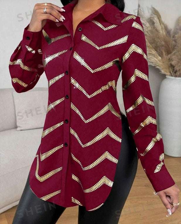 Lyxana Open Placket Foil Print Random Cut Shoulder Long Sleeve Cinched Waist Blouse Women Shirt | Orazek UK Ltd