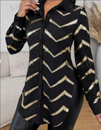 Lyxana Open Placket Foil Print Random Cut Shoulder Long Sleeve Cinched Waist Blouse Women Shirt | Orazek UK Ltd