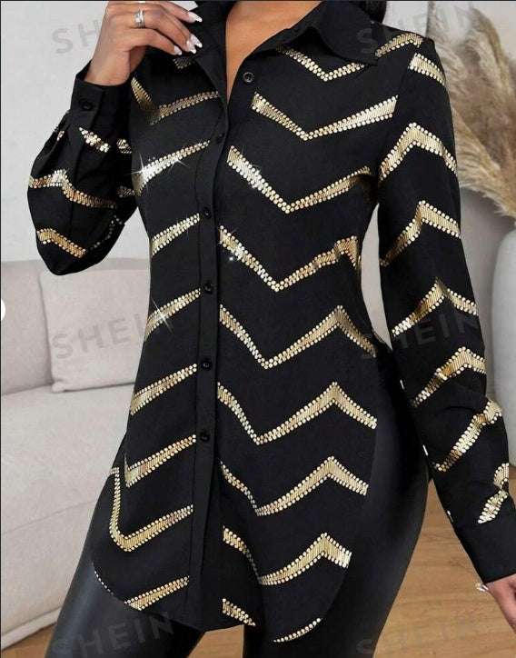 Lyxana Open Placket Foil Print Random Cut Shoulder Long Sleeve Cinched Waist Blouse Women Shirt | Orazek UK Ltd