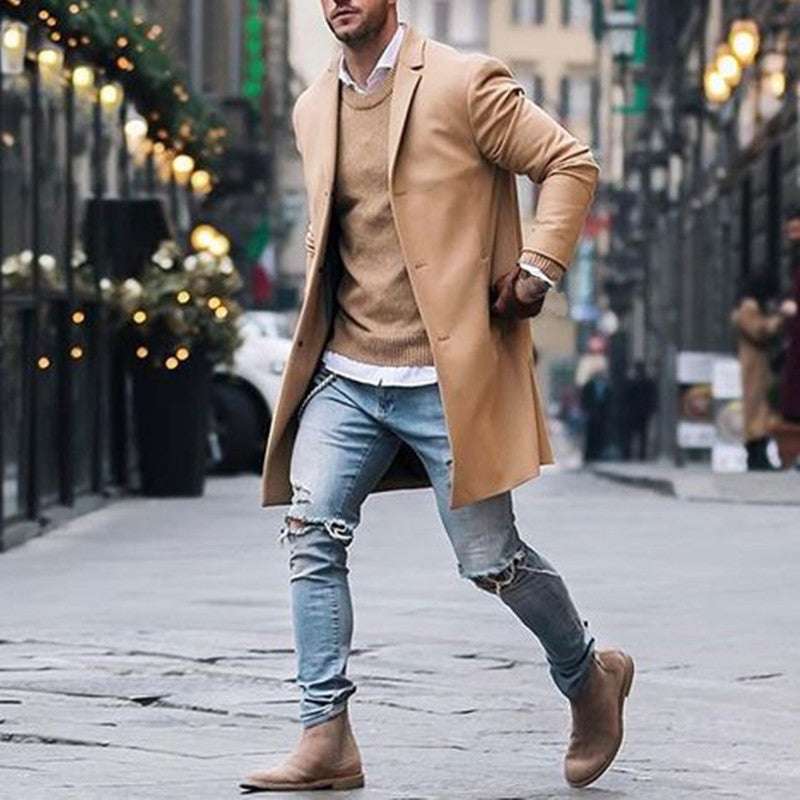 Men Trench Long Jackets Coats Overcoat Classic Jackets Solid Slim Fit Outwear | Orazek UK Ltd