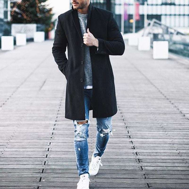 Men Trench Long Jackets Coats Overcoat Classic Jackets Solid Slim Fit Outwear | Orazek UK Ltd