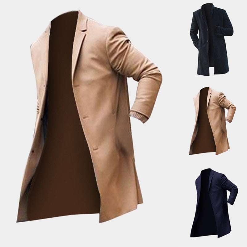 Men Trench Long Jackets Coats Overcoat Classic Jackets Solid Slim Fit Outwear | Orazek UK Ltd