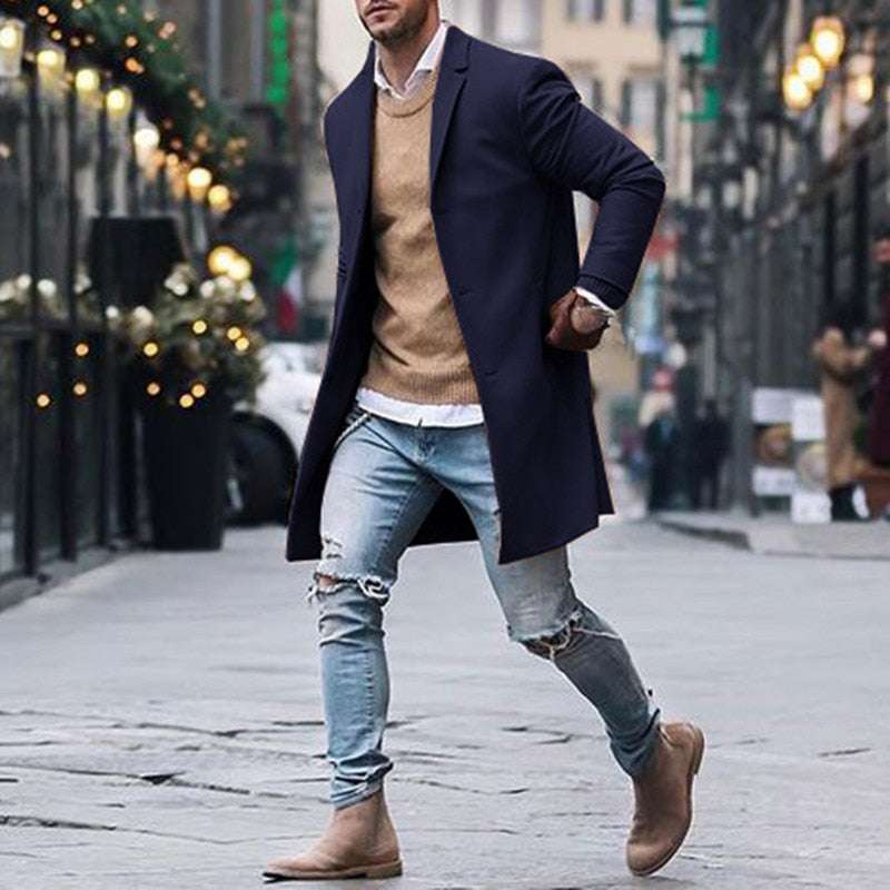 Men Trench Long Jackets Coats Overcoat Classic Jackets Solid Slim Fit Outwear | Orazek UK Ltd